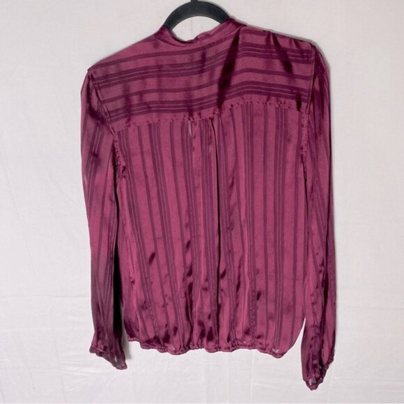 Guess Burgundy Satiny Semi Sheer Striped Faux Wrap Blouse W Neck Tie L - Picture 2 of 16